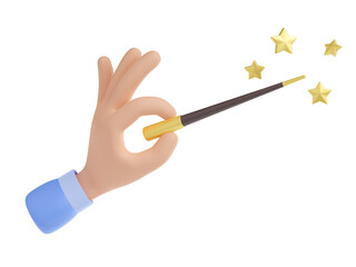 Wizard hand hold magic wand with golden stars. Icon of miracle, imagination, illusion or spell with human arm with magician stick, 3d render illustration isolated on white background