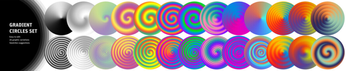 Fototapeta na wymiar Set colorful abstract graphics. Gadient circles for multiple applications. Background design with fluid spiral shapes and colors. 48 swatches suggestions for easy Recolor Artwork.