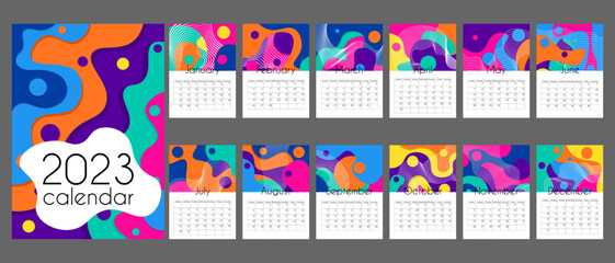Abstract calendar 2023 in vertical A4 format. Week starts on Sunday. 12 months and cover. Colorful calendar with geometric waves. Modern flat style. With place for notes. Isolated on gray background.