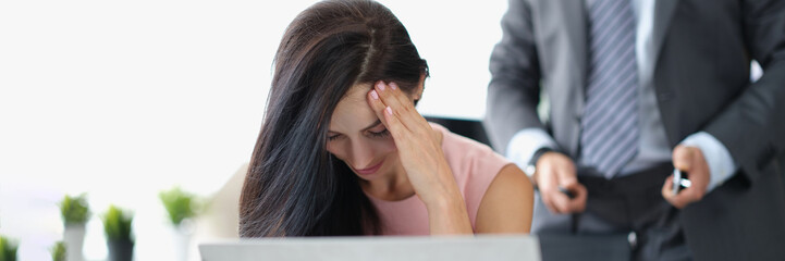 Fototapeta premium Secretary close face feeling ashamed and shy because of her boss harassment