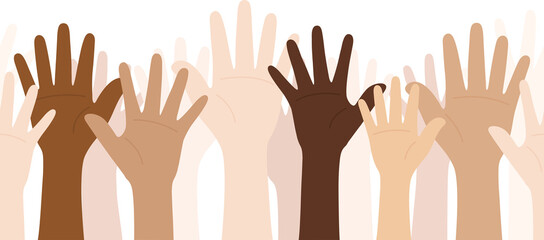 Flat design illustration of people with different skin colors raising their hands. Unity concept.	