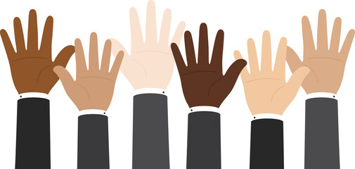 Flat design illustration of businessmen hand in suit raising their hands. Business concept.	