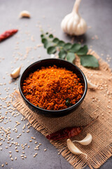 Sesame garlic chilli dry chutney powder,  Til Lahsun chutney, Indian side dish or relish