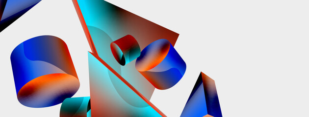 3d vector minimalist geometric abstract background. Triangle, cylinder, pyramid basic shape composition. Trendy techno business template for wallpaper, banner, background or landing