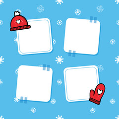 Set, collection of cute sticky notes, stickers on snow background with winter mittens and hats for Christmas, seasonal design.

