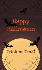 Lettering Happy Halloween and Trick or Treat against a full moon night sky with cobwebs and bats