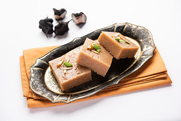 Singhara Barfi or Singhada burfi or halwa made using water chestnut flour, fasting or upwas food