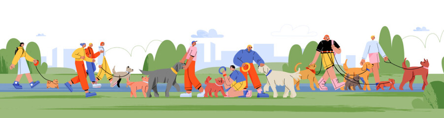 Obraz na płótnie Canvas People walk and play with dogs in city park. Summer public garden landscape with dogs playground, green grass, road and animal owners walk with pets on leash, vector flat illustration
