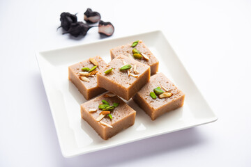 Singhara Barfi or Singhada burfi or halwa made using water chestnut flour, fasting or upwas food