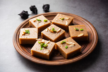 Singhara Barfi or Singhada burfi or halwa made using water chestnut flour, fasting or upwas food