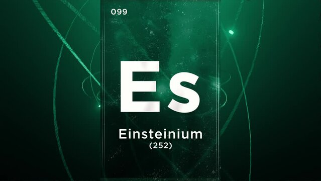 Einsteinium (Es) symbol chemical element of the periodic table, 3D animation on atom design background