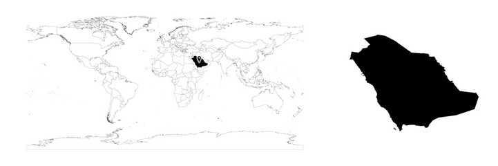 Vector Saudi Arabia map showing country location on world map and solid map for Saudi Arabia on white background. File is suitable for digital editing and prints of all sizes.
