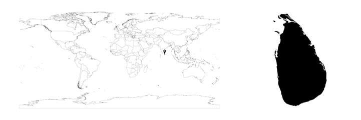 Vector Sri Lanka map showing country location on world map and solid map for Sri Lanka on white background. File is suitable for digital editing and prints of all sizes.