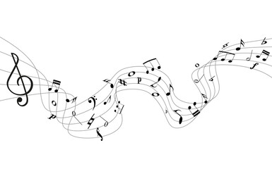 Hand drawn black music staff and various notes 3d wave design isolated on white background. Banner for sound, song, presentation, audio, online concert, social media.