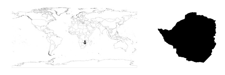 Vector Zimbabwe map showing country location on world map and solid map for Zimbabwe on white background. File is suitable for digital editing and prints of all sizes.