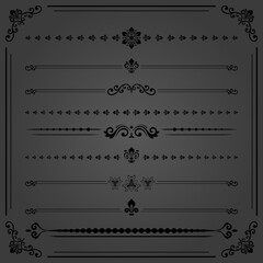Vintage set of vector decorative elements. Horizontal dark separators in the frame. Collection of different ornaments. Classic patterns. Set of vintage patterns