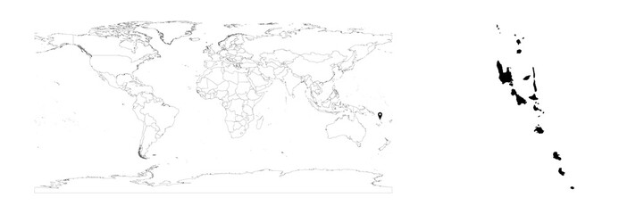 Vector Vanuatu map showing country location on world map and solid map for Vanuatu on white background. File is suitable for digital editing and prints of all sizes.