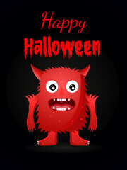Cute red evil monster with horns and fangs. Happy Halloween card. Flat design Black background