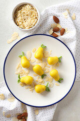 Concept of tasty sweet food, marzipan, top view