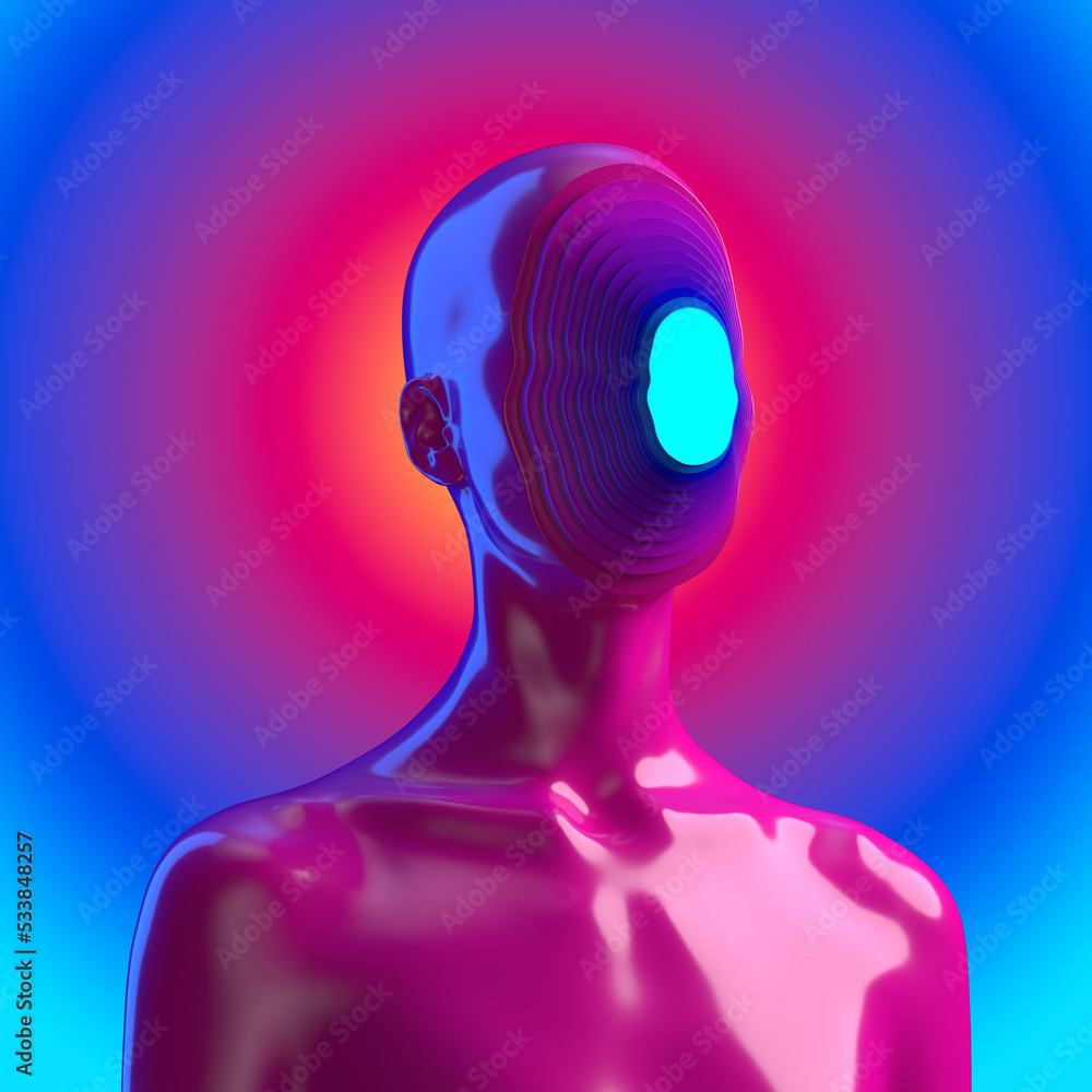 Poster abstract creative illustration from 3d rendering of pink female bust figure with flat anonymous extr