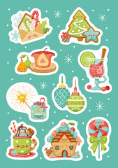 Sticker pack with kawaii christmas elements. Set of cute vector illustration