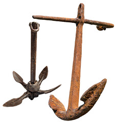 Two old rusty anchors (folding grapnel anchor), isolated on transparent background, photography,...