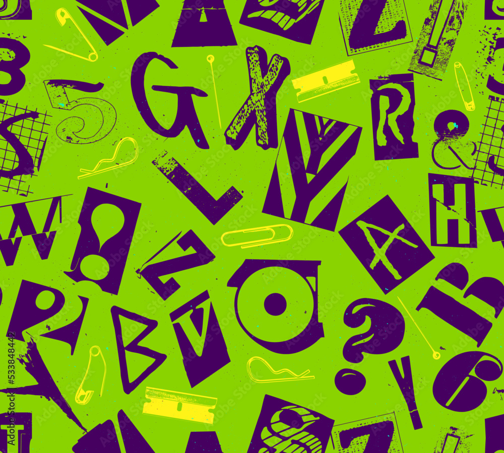 Aufkleber punk seamless vector pattern alphabet typography composition with pins and clips in the style of gru