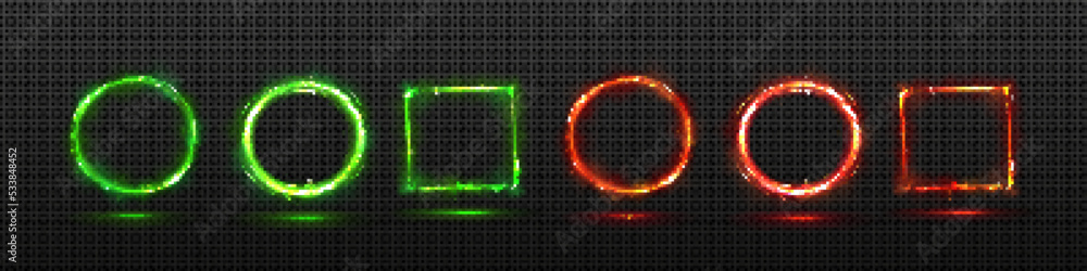 Poster futuristic neon frames of burning fire and green energy glow with sparks isolated on transparent bac