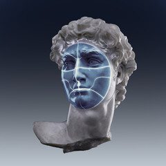 Abstract futuristic illustration from 3d rendering of a classical sculpture male marble bust with divided robotic blue face and isolated on grey background.
