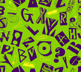 Punk seamless vector pattern alphabet typography composition with pins and clips in the style of grunge and punk design in black on green colored background.