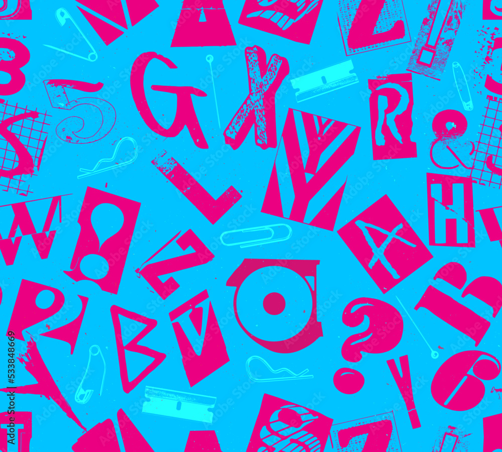 Aufkleber punk seamless vector pattern alphabet typography composition with pins and clips in the style of gru