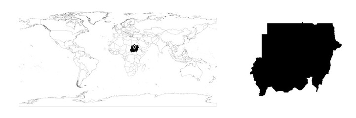 Vector Sudan map showing country location on world map and solid map for Sudan on white background. File is suitable for digital editing and prints of all sizes.