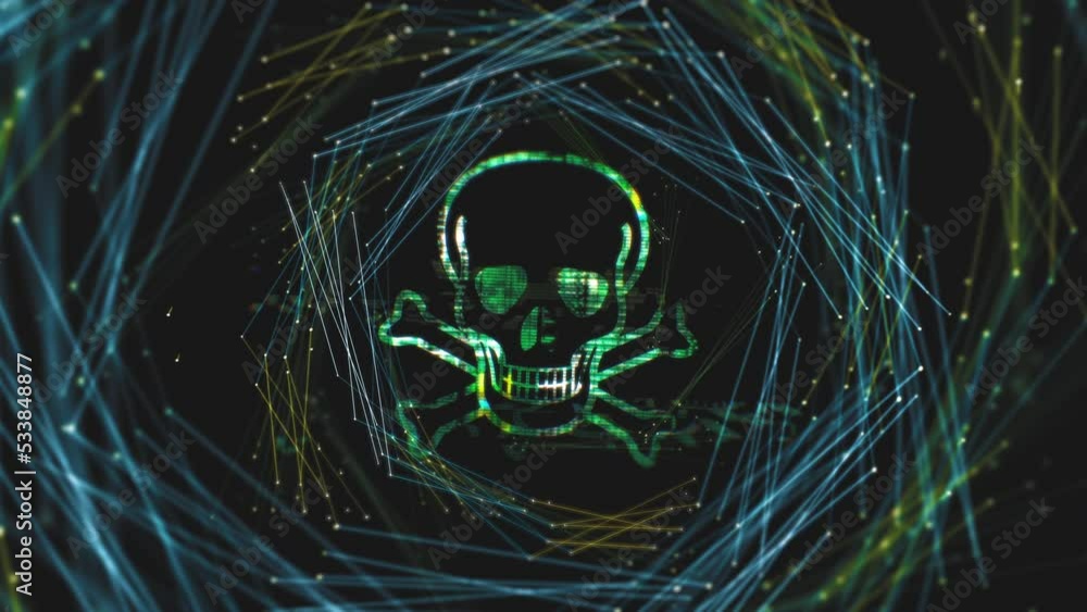 Poster green skull network virus attack on data stream tunnel on internet. cybersecurity, firewall, hacker 