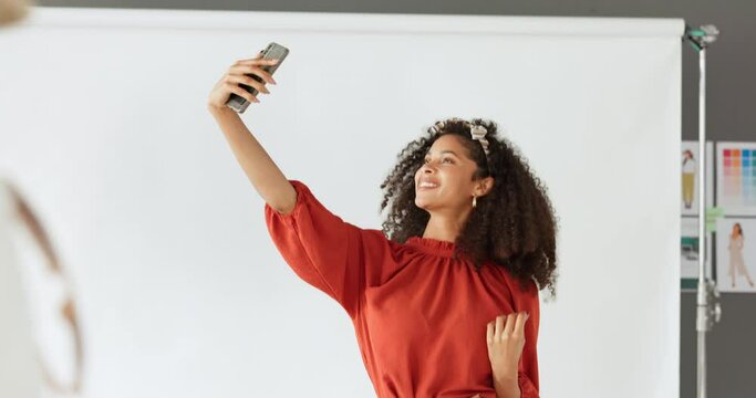 Social media influencer selfie in photoshoot studio for model, fashion and design career. Creative gen z black woman with smartphone online content creation, internet post and lifestyle update