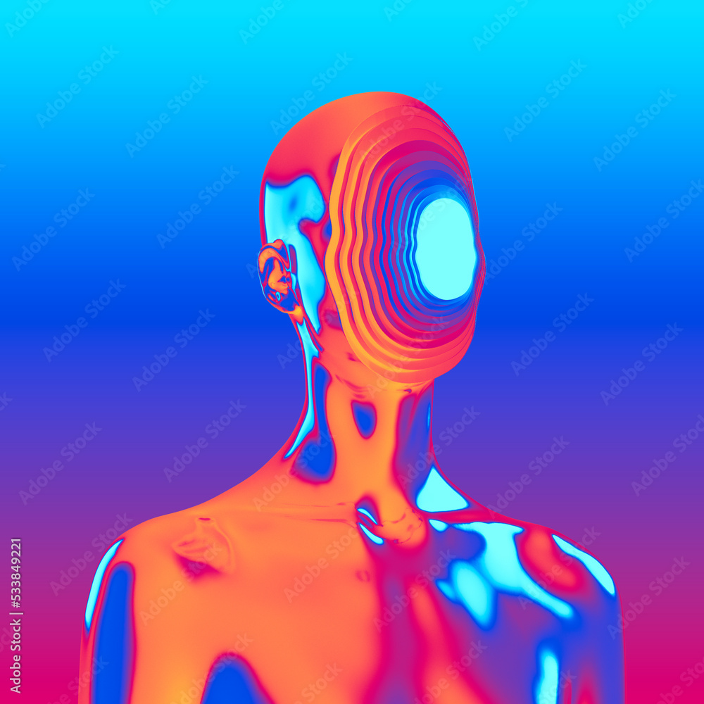 Poster abstract creative illustration from 3d rendering of female bust figure with flat anonymous extruded 