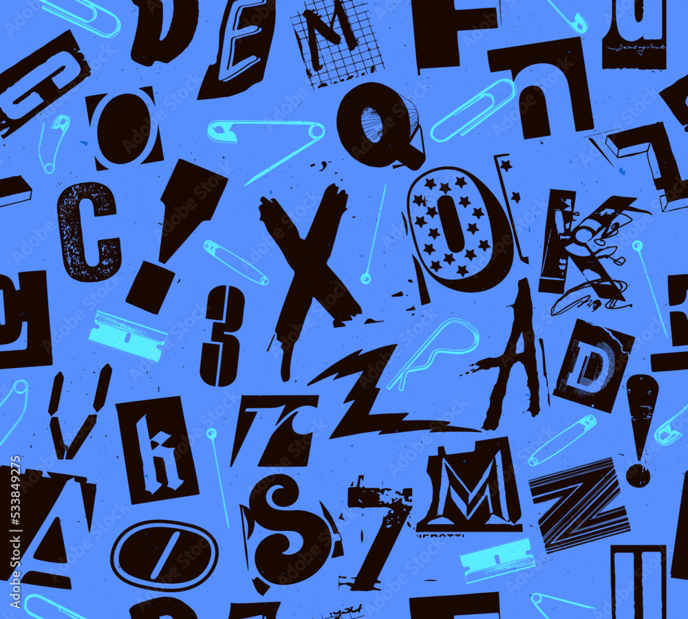 Aufkleber punk seamless vector pattern alphabet typography composition with pins and clips in the style of gru