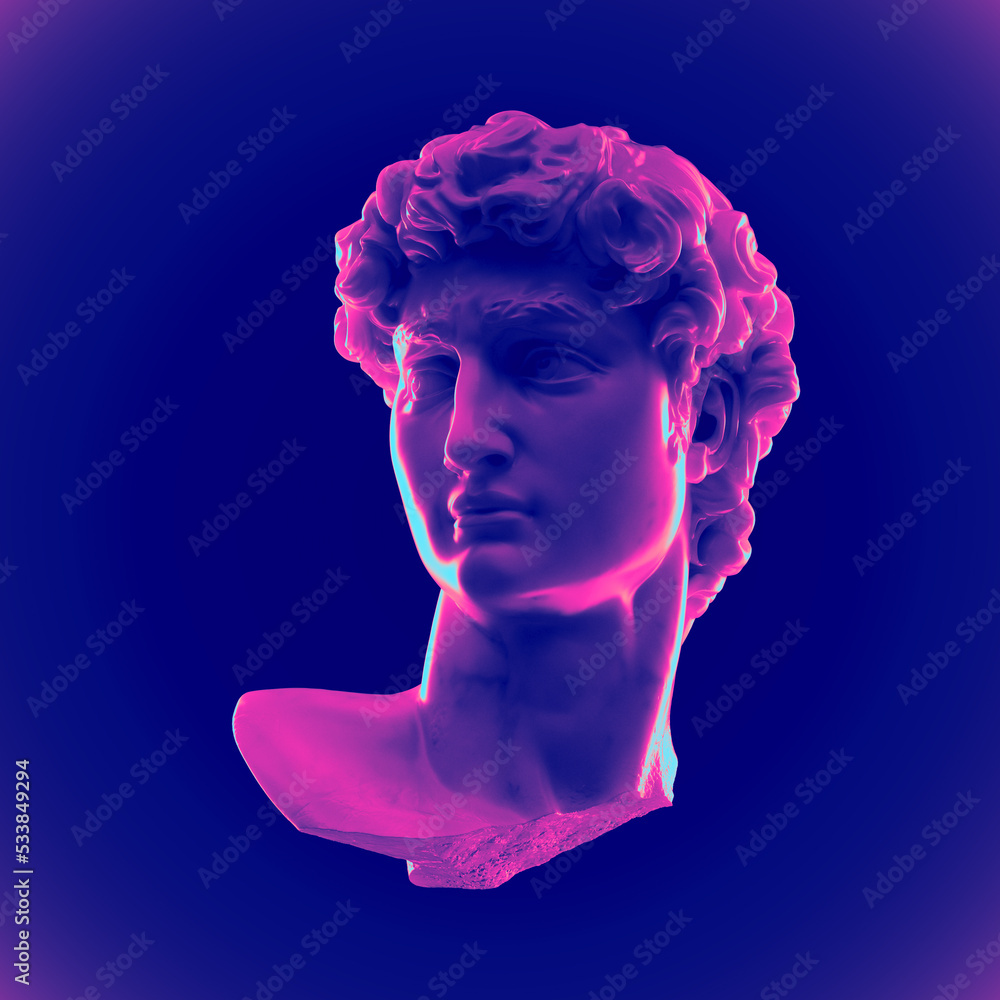 Poster digital illustration from 3d rendering of broken marble male classical head bust isolated on colorfu