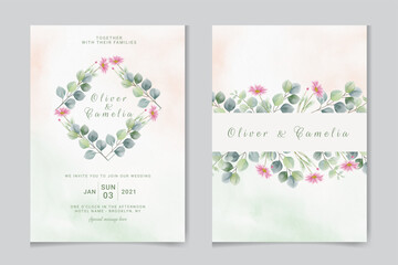 Obraz na płótnie Canvas Watercolor vector set wedding invitation card template design with green eucalyptus leaves and flowers.