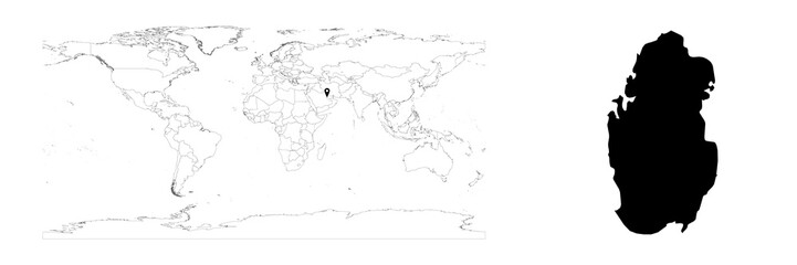Vector Qatar map showing country location on world map and solid map for Qatar on white background. File is suitable for digital editing and prints of all sizes.
