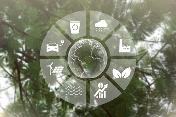 Global symbol eco Sustainable business on network connection on green tree background environmental icon ESG and net zero concept.