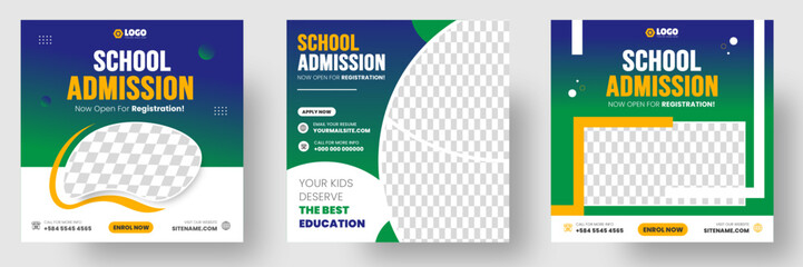 School admission social media post banner design. back to school social media post banner design set. Back to school admission promotion banner. school admission template for social media ad.