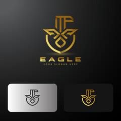 Golden Eagle rising Wings Logo design vector template Circle shape. Luxury corporate heraldic Falcon Phoenix Hawk bird Logotype concept icon.