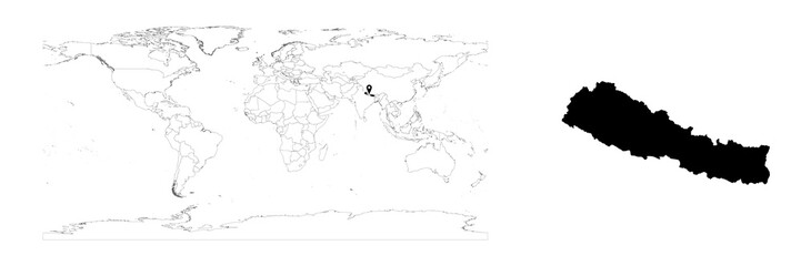 Vector Nepal map showing country location on world map and solid map for Nepal on white background. File is suitable for digital editing and prints of all sizes.