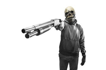 Man with a skull head costume for Halloween holding gun