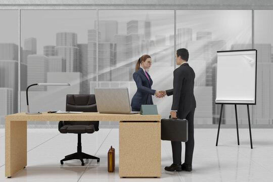 Illustrazione 3D. Ufficio, manager, impiegati lavorano con contratto, consulenza, finanza. Stretta di mano per gli affari..