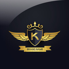 Luxury royal wing Letter K crest Gold colour, Victory logo, crest logo, wing logo, vector logo template