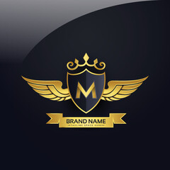 Luxury royal wing Letter M crest Gold colour, Victory logo, crest logo, wing logo, vector logo template