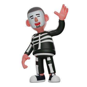 3D illustration. Skeleton Boy 3D Cartoon Character Waving Hand. with a face in strange makeup. showing a cheerful smile. 3D Cartoon Character