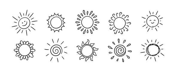 Doodle different sun icons set. Scribble sun with rays symbols. Doodle children drawings collection. Hand drawn burst. Hot weather sign. Vector illustration isolated on white background.
