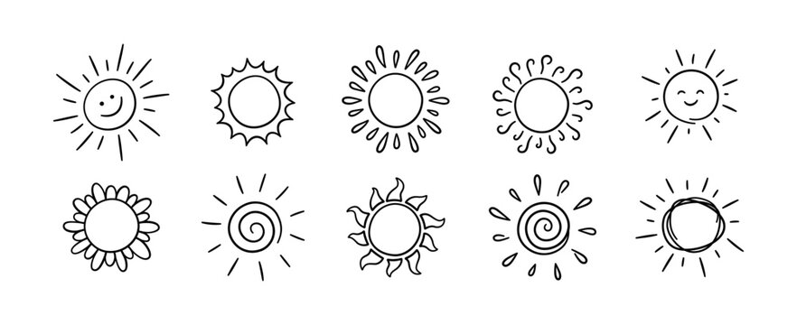 Doodle different sun icons set. Scribble sun with rays symbols. Doodle children drawings collection. Hand drawn burst. Hot weather sign. Vector illustration isolated on white background.
